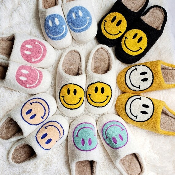 Smiley Face Slippers Comfy Soft Plush Cute Kawaii Warm Happy | Etsy | Etsy (US)