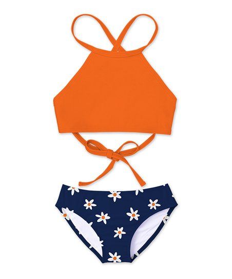Orange & Navy Floral Bikini - Girls | Zulily