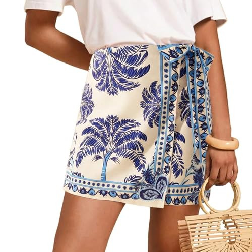 Keeliya Womens Wrap Mini Skirt Boho Floral Printed Knot Side High Waist A Line Casual Summer Beach Short Skirt Blue | Amazon (US)