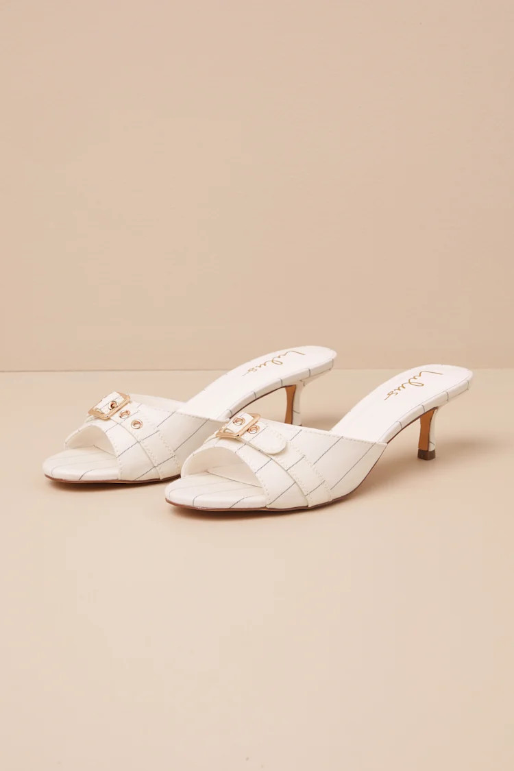Vendela White Pinstriped Buckle Kitten Heel Slide Sandals | Lulus