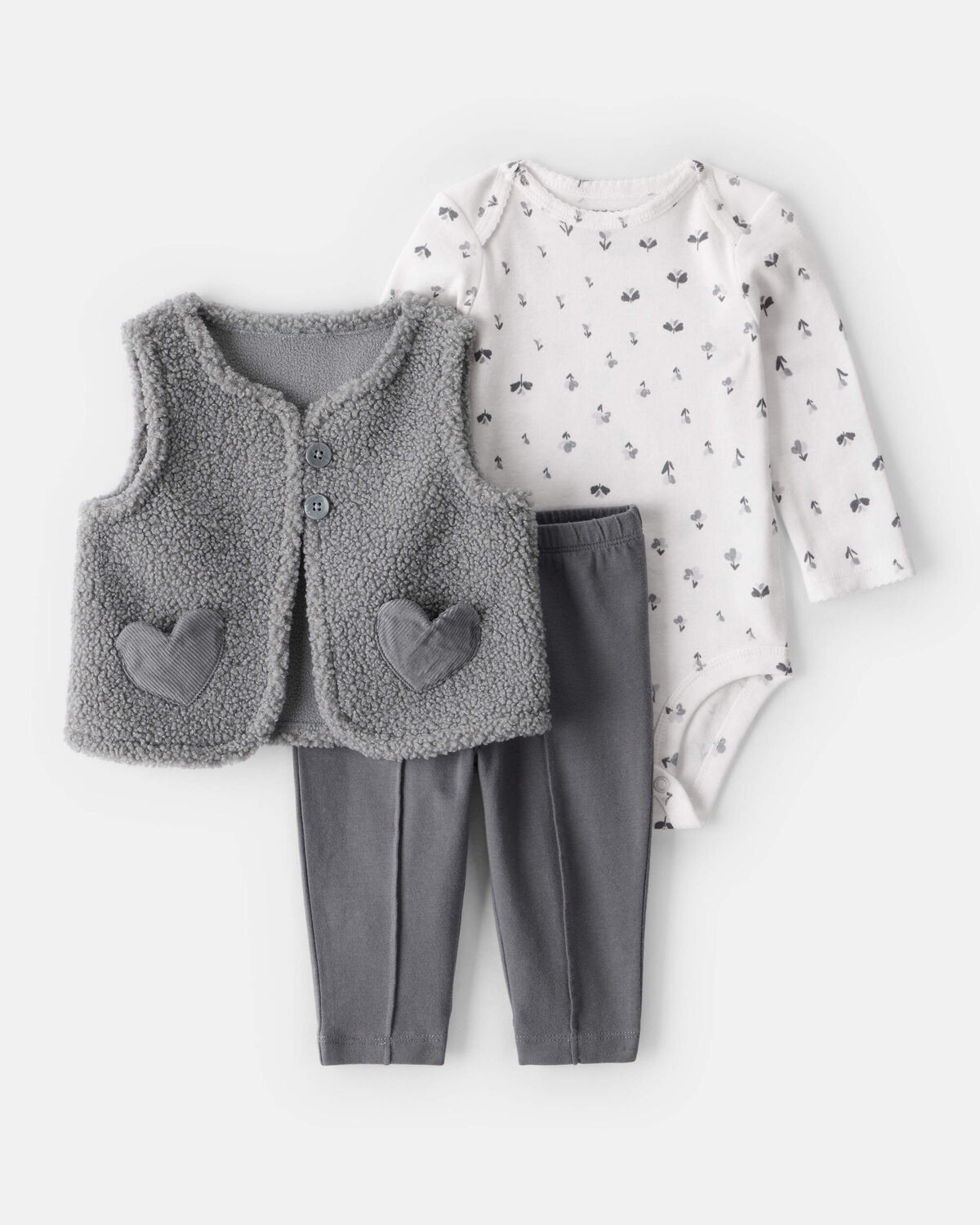 Baby Girl 3-Piece Sherpa Vest Outfit Set - Grey | Carter's Inc