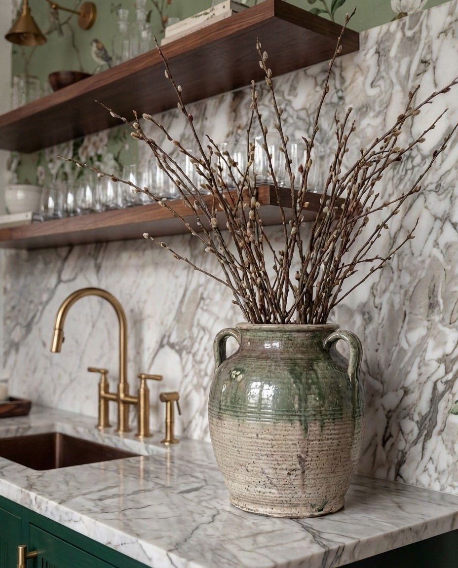 Shop the Look:
• Deep green paneled cabinetry
• Brass cabinet pulls + knobs
• Marble countertops (soft gray veining)
• Glass-front upper cabinets
• Built-in beverage/wine fridge
• Vintage-style runner rug (neutral tones)
• White globe pendant lights
• Exposed wood ceiling beams
• Open wood shelving
• Clear glassware set
• Ceramic vase with branches
• Countertop coffee machine
• Stoneware mugs + tray
• Light wood flooring
• Arched doorway with framed artwork
• coffee machine
• brass gold faucet 
• green vase
• letter bistro cup 
• globe pendant light 
Brass wall sconce 
Brass hand pulls

#LTKHome #LTKFindsUnder100 #LTKSaleAlert