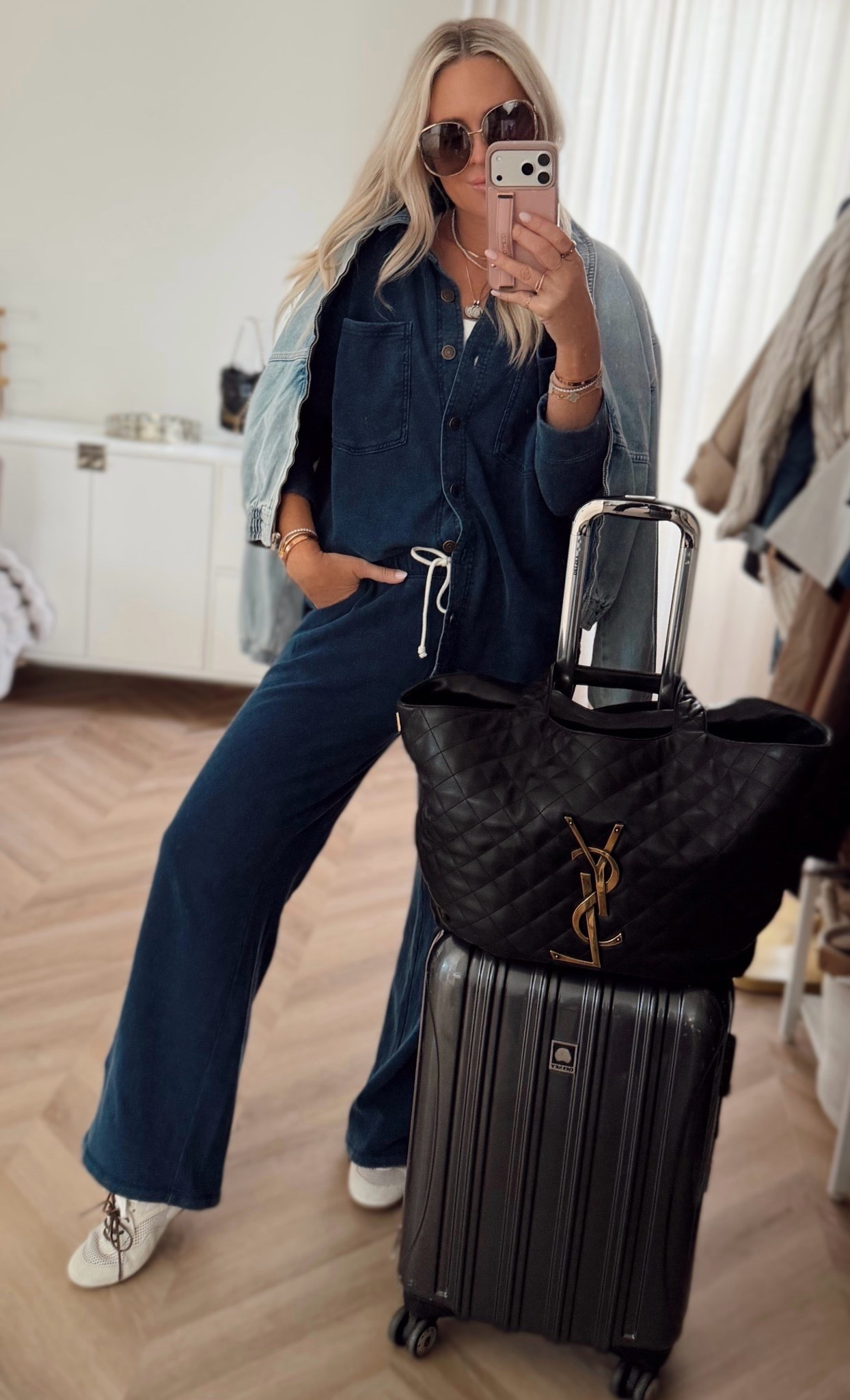 Looks like denim but it’s sweats! Also got in this new denim bomber which I love and it’s on sale! ✨✨✨

I did medium in pants for length and small in tops. More colors. 

Travel set. Travel. Lounge set. Sweats. 

#LTKSeasonal #LTKTravel #LTKootd