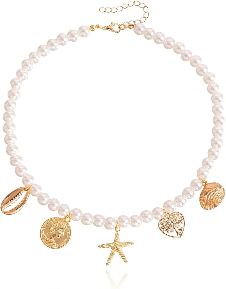 Chunky Gold Charm Necklace for Women White Pearl Choker Necklace Head Portrait Square Pendant Nec... | Amazon (US)