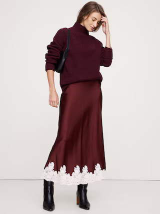 Stretch-Satin Lace-Hem Midi Skirt | Banana Republic (US)