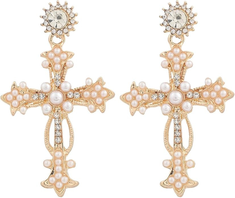 Gold Cross Dangling Earrings for Women, Rhinestone Cross Earrings Pearl Cross Earrings Colorful C... | Amazon (US)