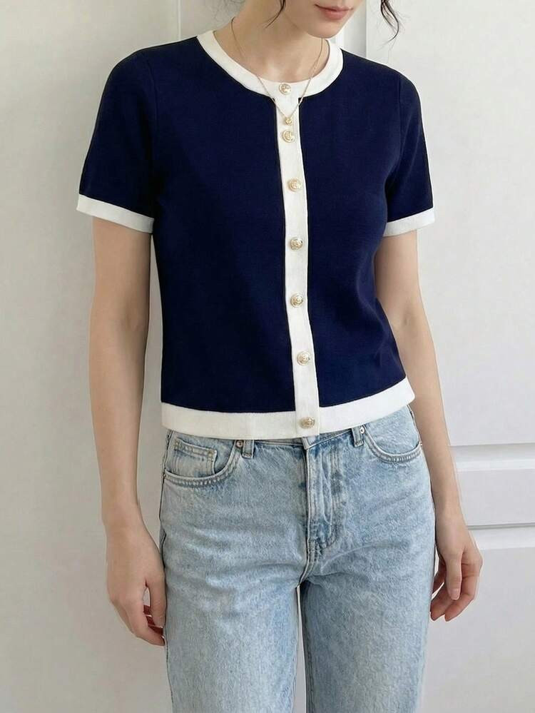 Knit Mix Elegant Women's Casual Dotted Decor Button Knit Crew Neck Short Sleeve Sweater Top, Spring/Summer | SHEIN