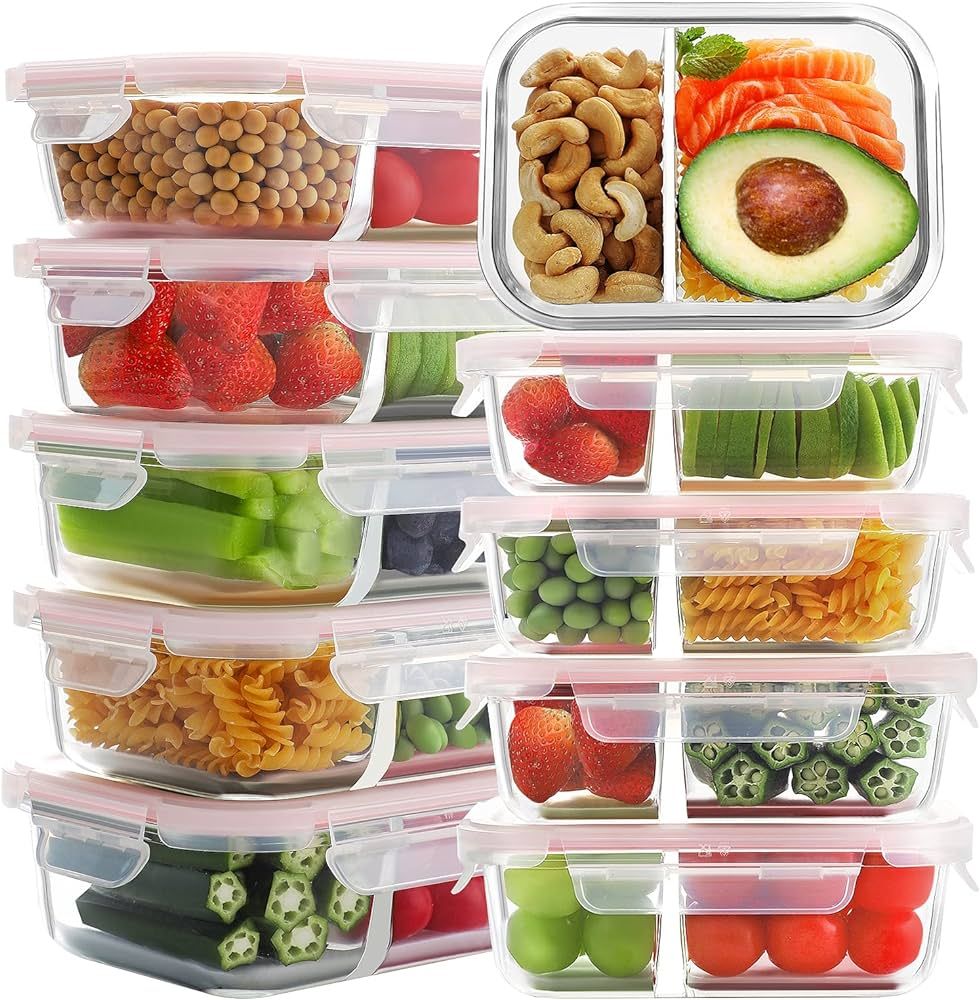 Bayco 10 Pack Glass Meal Prep Containers 2 Compartment, Glass Food Storage Containers with Lids, ... | Amazon (US)