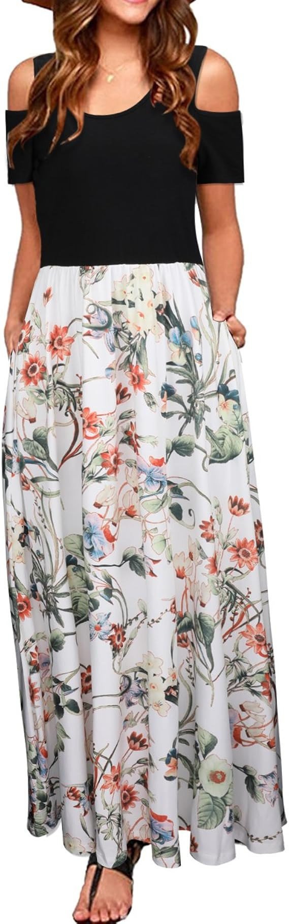 STYLEWORD Women's Summer Cold Shoulder Floral Maxi Long Dress with Pocket | Amazon (US)