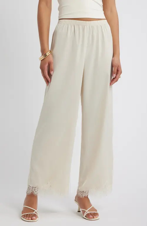 Open Edit Lace Trim Satin Pants in Ivory Dove at Nordstrom, Size Large | Nordstrom