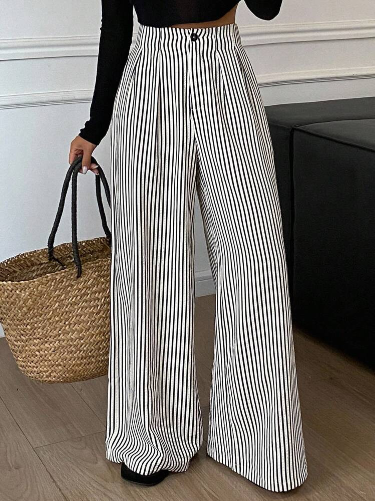 DAZY Calça Casual Feminina Plissada De Cintura Alta E Perna Larga Com Listras | SHEIN
