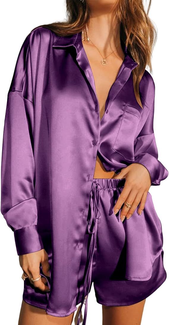 Ekouaer Womens 2 Piece Satin Pajama Set Long Sleeve Lounge Sets Button Down Shirts and Shorts PJs... | Amazon (US)