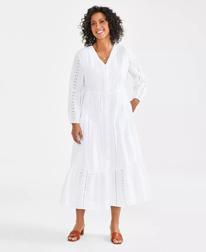 Style & Co Women's Cotton Eyelet Tiered Midi Dress, Created for Macy's - Macy's | Macy's