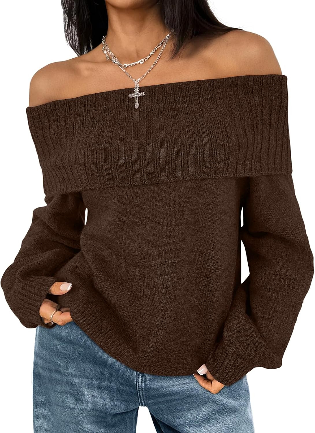 LILLUSORY Off The Shoulder Sweaters Womens Fall Pullover Tops | Amazon (US)