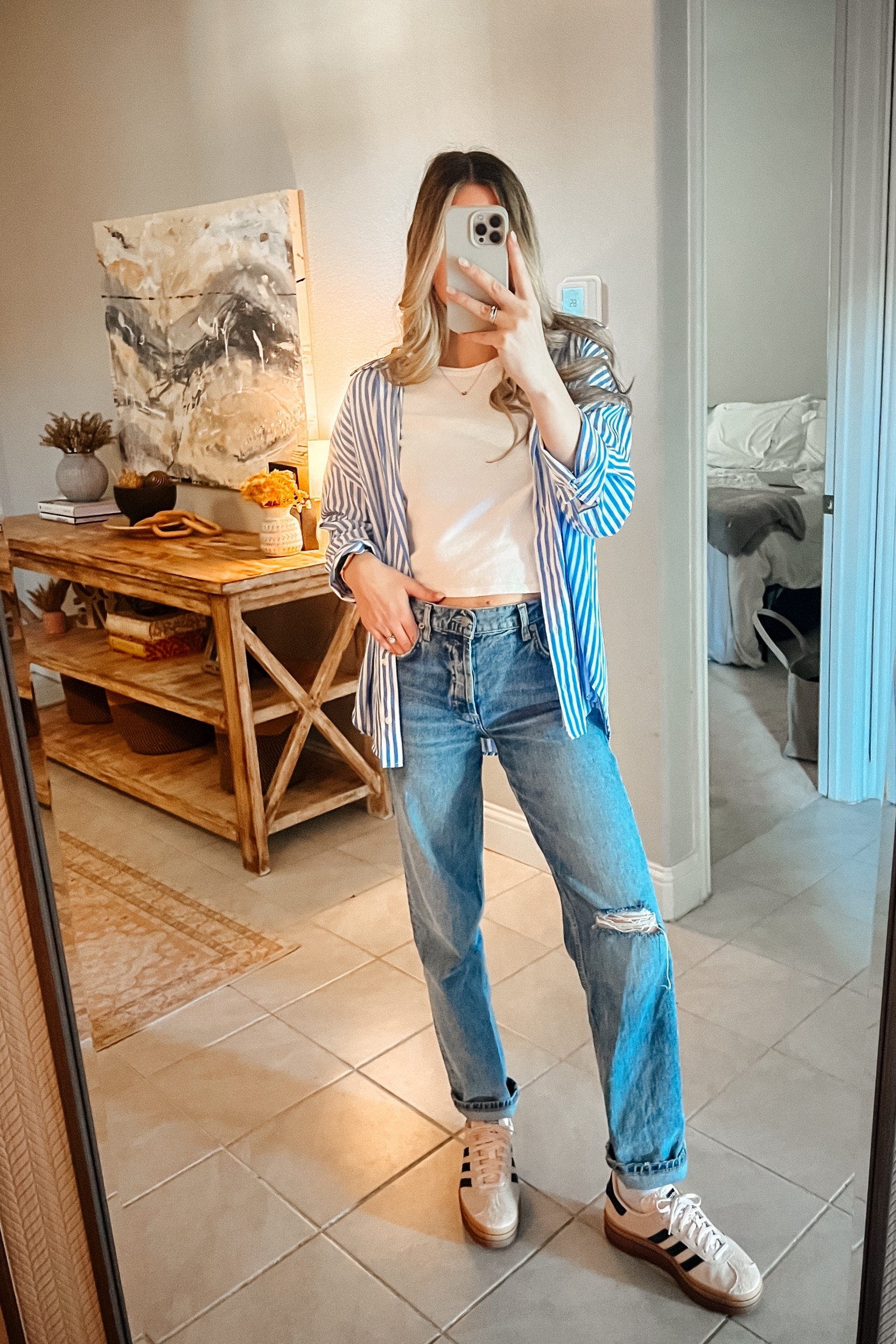 Casual spring ootd. Shirt is zara striped poplin shirt 2930/144

Shirt - small 
White tee - small
Jeans - size up, 26
Shoes - tts, 9 

Adidas gazelle bold
Mom style
Casual outfit
Running errands
Spring style 
Cool girl trend outfit 
Button down outfit 


#LTKfindsunder50 #LTKstyletip #LTKshoecrush