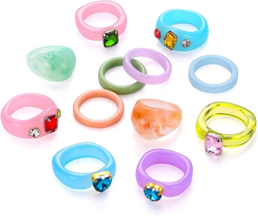 BMMYE 12Pcs Resin Rings for Women Retro Acrylic Colorful Chunky Rings Pack Clear Plastic Gem Rhin... | Amazon (US)