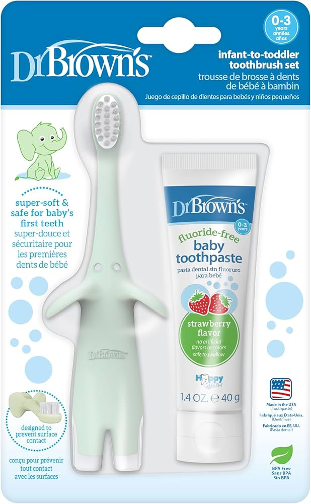 Dr. Brown’s Infant-to-Toddler Training Toothbrush Set, Mint Elephant with Fluoride-Free Strawbe... | Amazon (US)
