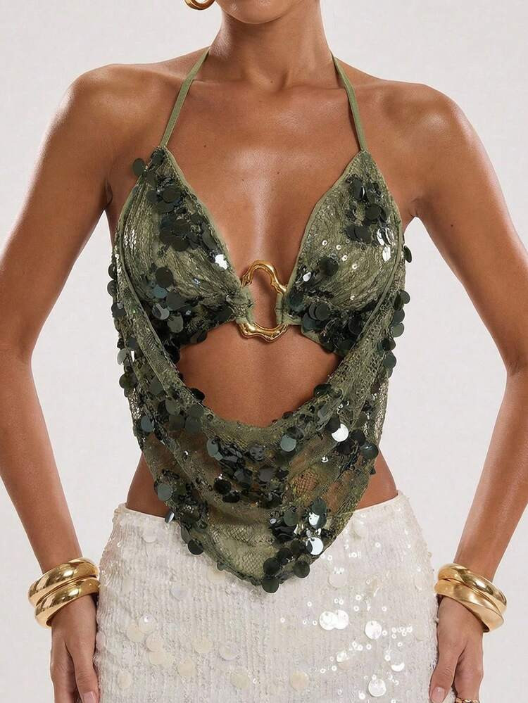 SHEIN BAE Women's Beach Vacation Lace Embroidered Beaded Halter Backless Top, Lace Beaded Halter Backless Tank Top, Suitable For Vacation, Backless Vacation Tank Top, Fashionable Tank Top | SHEIN