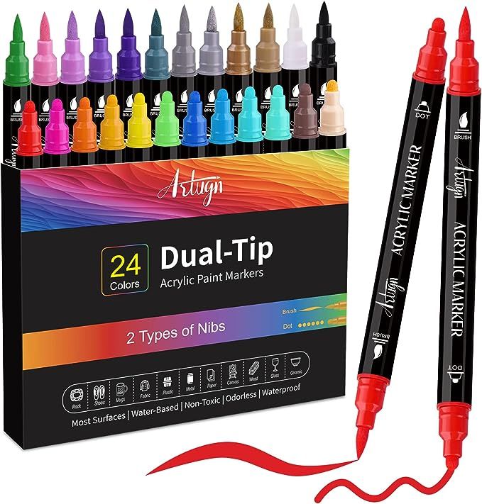 24 Colors Acrylic Paint Pens, Dual Tip Pens With Medium Tip and Brush Tip for Rock Painting, Cera... | Amazon (US)