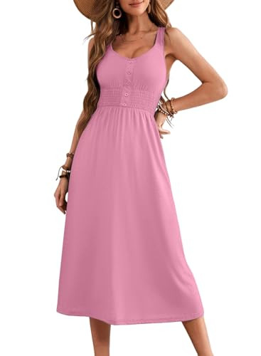 Dokotoo Women's Casual Dresses Summer Dresses for Women 2025 Button Down Smocked Dress for Women Loose Soft Sleeveless A Line Swing Maxi Long Dress Hawaiian Sundress Vacation Outfits Pink X-Large | Amazon (US)