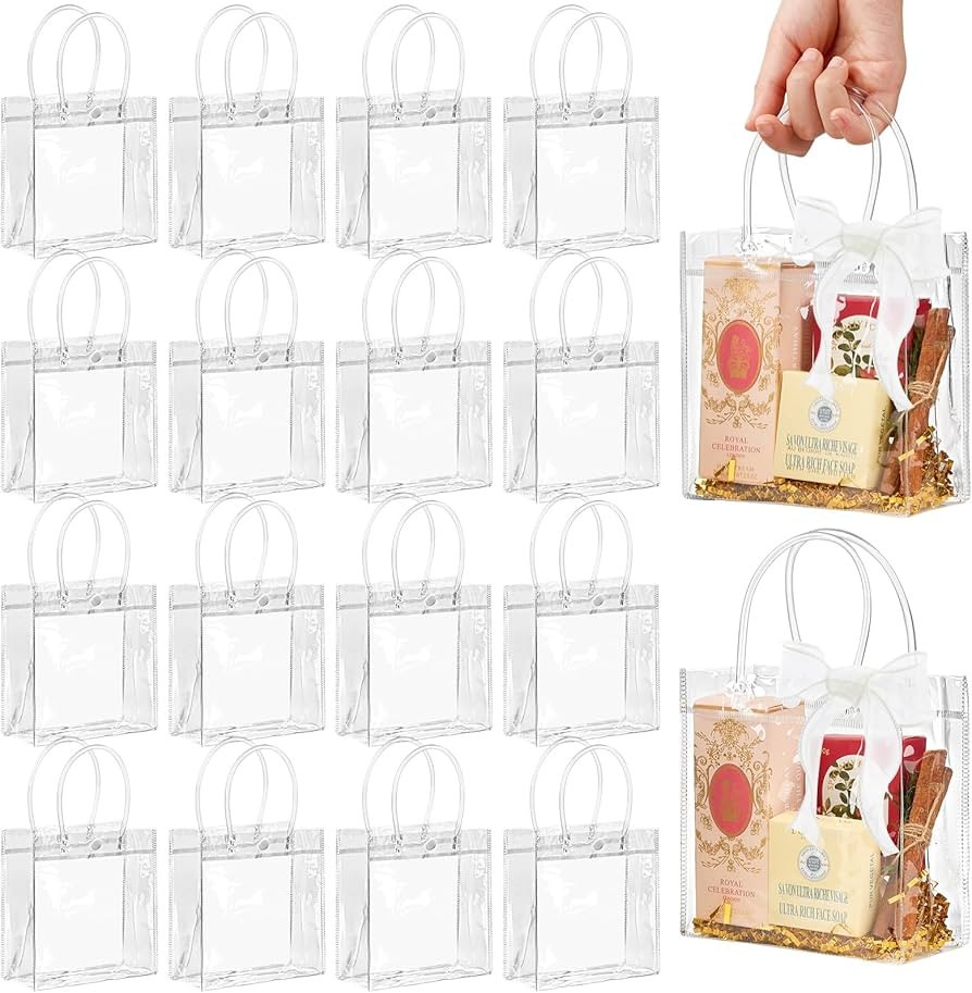 Jutieuo 16 Pack Clear Plastic Gift Bags with Handles, 5.9" x 6.3" x 2.8" Reusable Transparent Par... | Amazon (US)