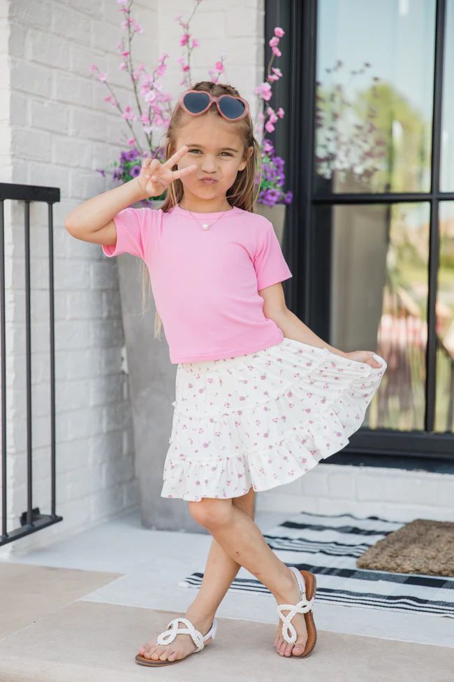 Kid's Through The Garden Ivory and Pink Ribbed Floral Mini Skort | Pink Lily