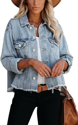 Jayscreate Women's Pockets Ripped Cropped Lightweight Jean Denim Jacket | Long Sleeve, Turn Down ... | Amazon (US)