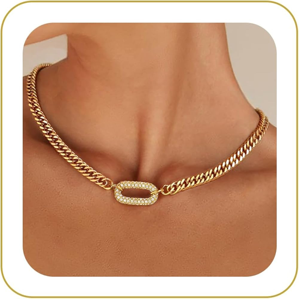 Gold Necklace for Women, 14K Gold Plated Chunky Cuban Link Chain Herringbone Paperclip Box Chain ... | Amazon (US)