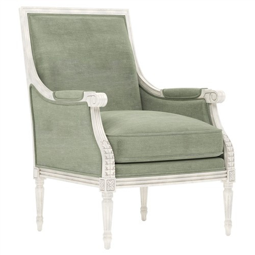 Juliette Lustre Verde Velvet Vintage White Bergere Chair | Kathy Kuo Home