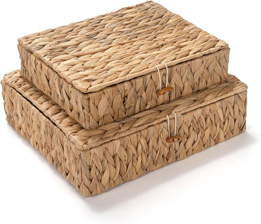 Wicker Storage Basket with Lid, Flat Water Hyacinth Baskets, Shallow Woven Basket for Shlef, Deco... | Amazon (US)