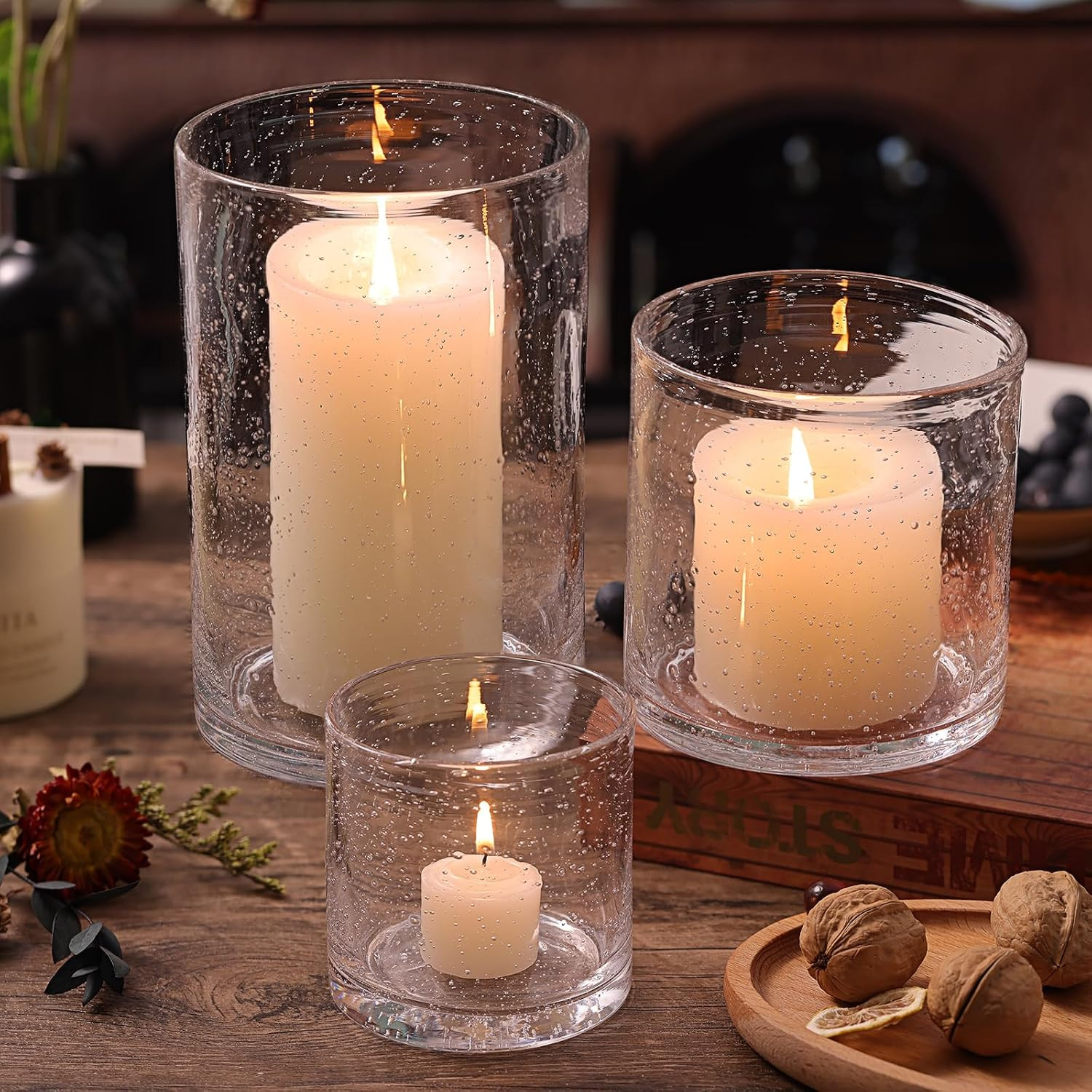 NITIME Hurricane Candle Holder Set of 3 Clear Candle Holders for Pillar Candles, Seeded Bubbles Glass Candle Holder for table centerpiece, Glass Cylinder Vases for Home, Patio and Wedding 8"4.7"3.5"H | Amazon (US)