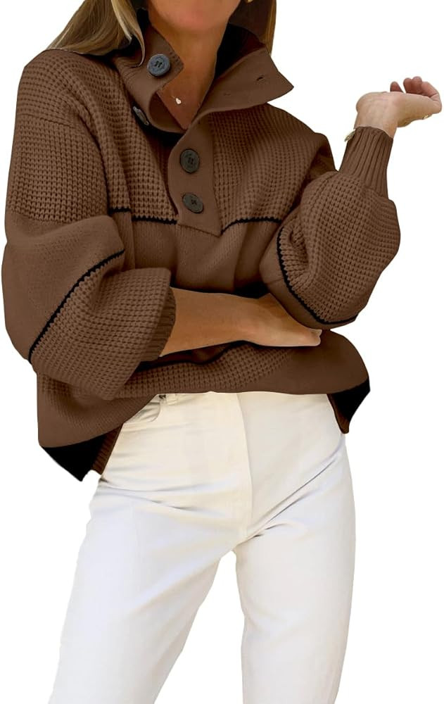 CHARTOU Women's Waffle Knit Knitwear Slouchy Striped Polo Collared Long Sleeve Pullover Sweater T... | Amazon (US)