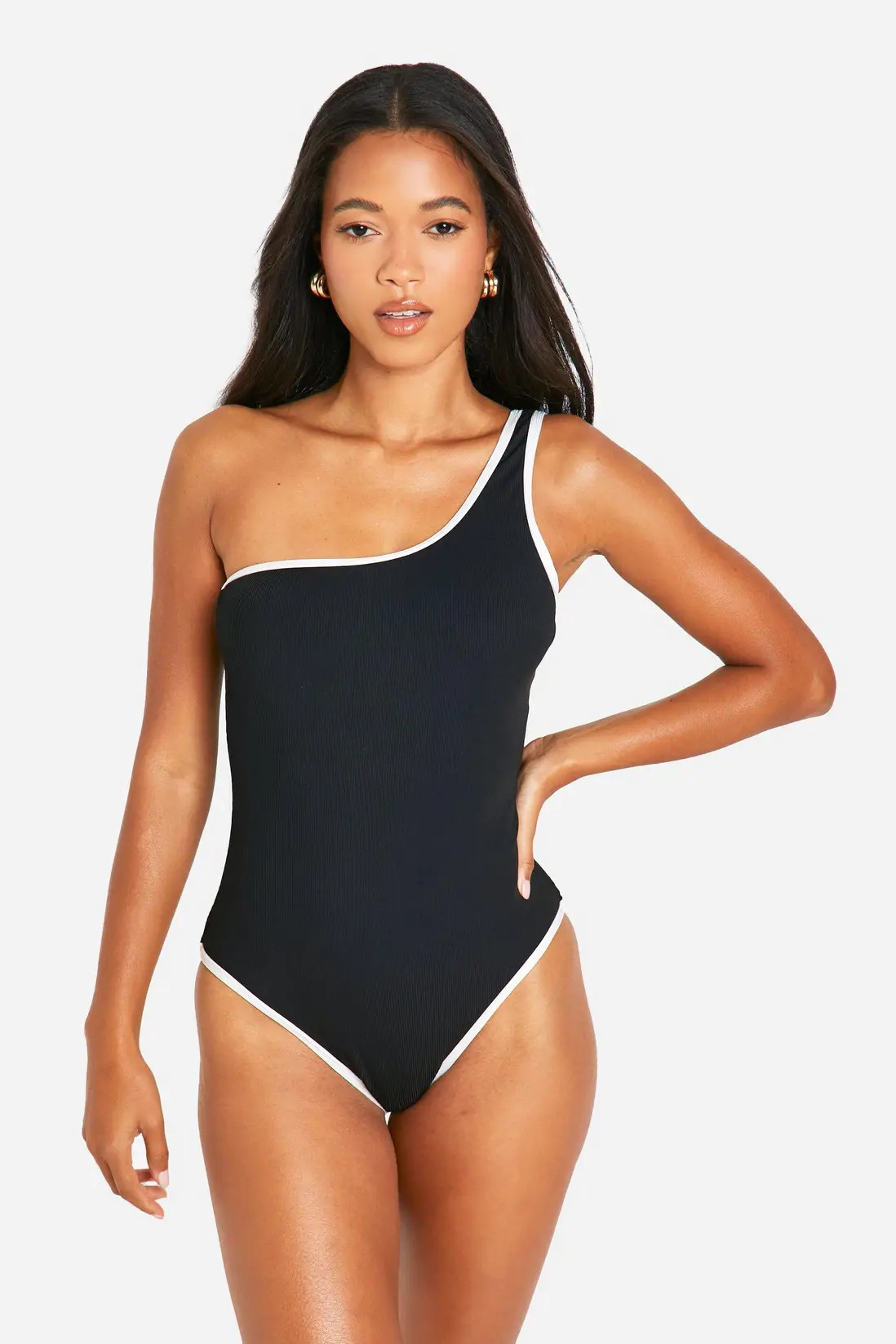Black Contrast Binding Ribbed One Shoulder Swimsuit | Boohoo | Boohoo.com (UK & IE)