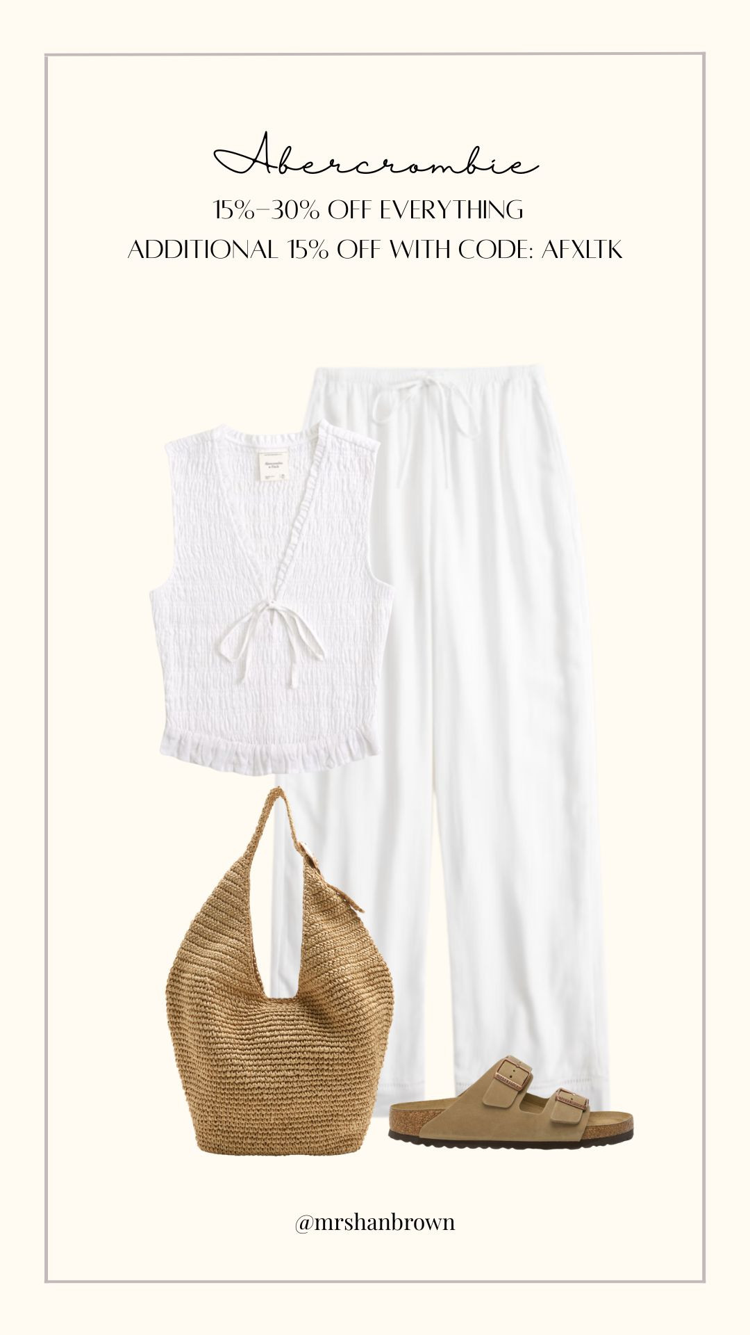 Abercrombie 15%-30% off everything and an additional 15% off with code AFXLTK

White co-ord set, White tie-front top, White wide leg trousers, Neutral summer co-ord, Raffia shoulder bag, Taupe buckle sandals, Minimal holiday outfit, Relaxed summer styling, Cream monochrome look, Lightweight summer outfit 

 #LTKuk #LTKsummer #LTKeurope