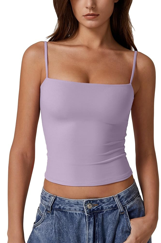 QINSEN Women's Double Lined Basic Tank Top Adjustable Spaghetti Straps Sleeveless Camisole Shirts | Amazon (US)