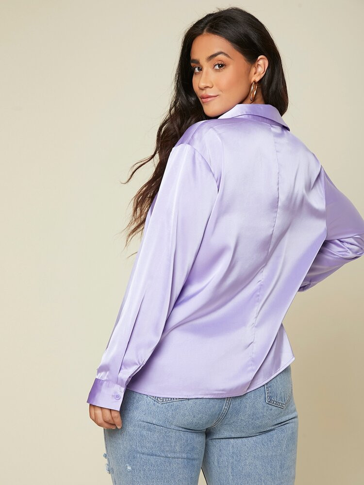 SHEIN Plus Solid Button Up Satin Shirt | SHEIN