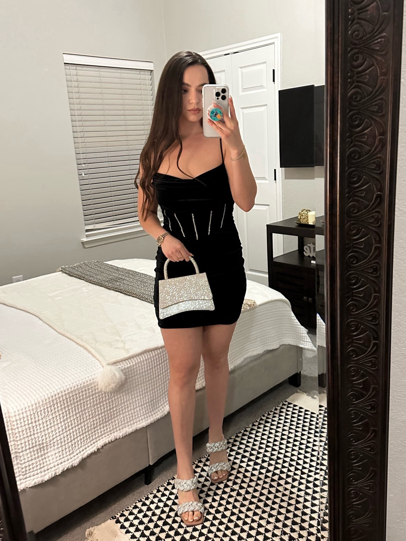 Black velvet dress. Valentine’s Day outfit. Valentine’s Day dress. Little black dress. Mini dress. Party dress. Birthday dress. rhinestone dress. Party bag. Rhinestone bag. Rhinestone heels. Dressy heels  

#LTKfindsunder100 #LTKitbag #LTKshoecrush