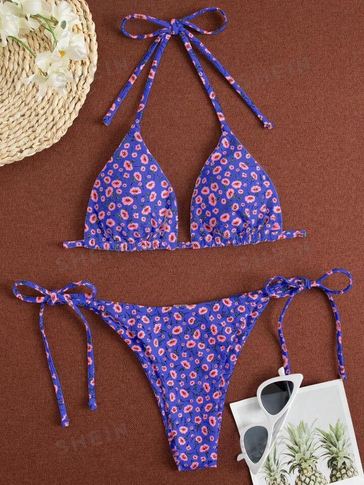 SHEIN Swim Summer Beach Ditsy Floral Triangle Tie Side Bikini Set | SHEIN