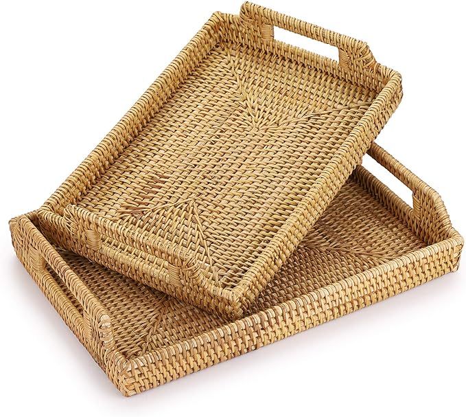 Hipiwe 2PCS Wicker Basket Serving Tray with Handles Handwoven Rattan Baskets Storage Trays Home D... | Amazon (US)