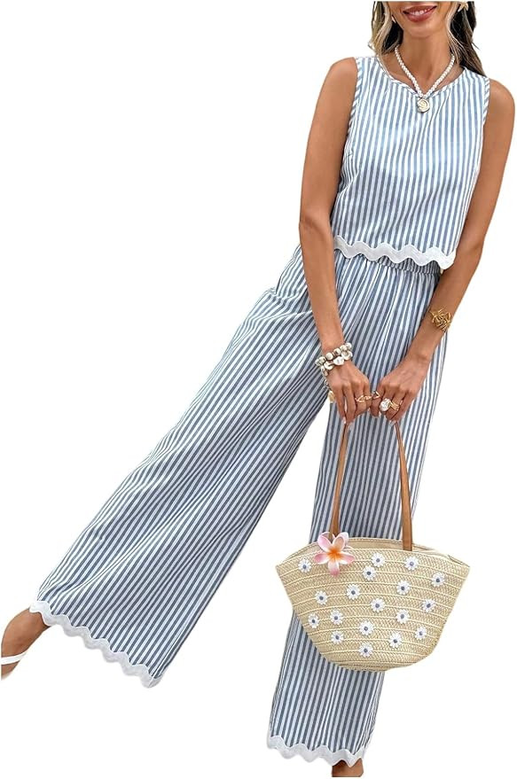 Women's 2 Piece Striped Set Crop Tank Top and Wide Leg Pants Brunch Matching Sets Beach Vacation ... | Amazon (US)