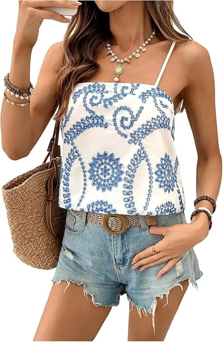 SweatyRocks Women's Floral Textured Cami Top Sleeveless Spaghetti Strap Summer Boho Vacation Tops | Amazon (US)