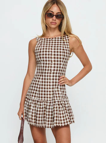 Kolbie Boat Neck Frill Mini Dress Brown Gingham | Princess Polly US