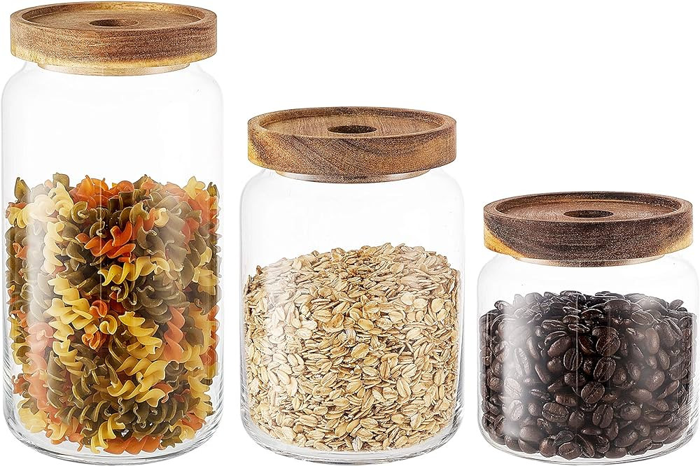 KMwares Set of 3 Clear Glass Food Jars/Canisters with Airtight Seal Acacia Wood Lids for Kitchen/... | Amazon (US)