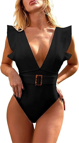 Avanova Women's One Piece Swimsuit Ruffle Deep V Neck Strappy Swimwear Bathing Suits | Amazon (US)