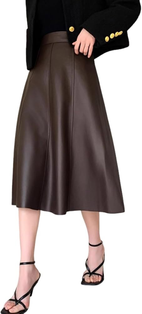 utcoco Womens Casual Long Leather Skirt High Waist A-Line Swing Midi-Length Faux Leather Skirts | Amazon (US)