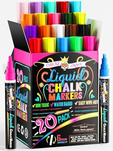CHALKY CROWN Bold Chalk Markers - Dry Erase Marker Pens - Liquid Chalk Markers for Chalkboards, Signs, Windows, Blackboard, Glass - Reversible Tip (20 Pack) - (Multicolored, 6mm) | Amazon (US)