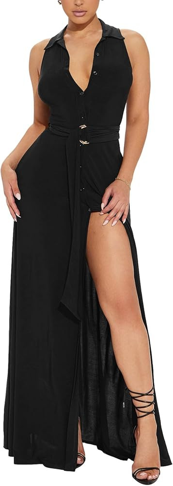 Women's Deep V Neck Long Dresses Sleeveless Collared Button Down High Split Cocktail Wedding Part... | Amazon (US)