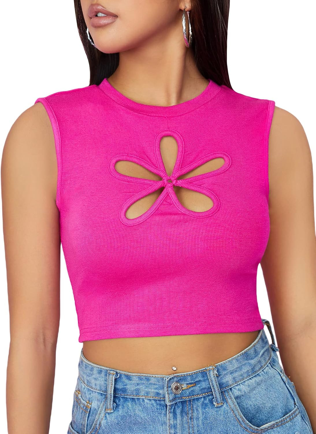 Verdusa Women's Cutout Front Round Neck Sleeveless Ribbed Crop Tank Top | Amazon (US)