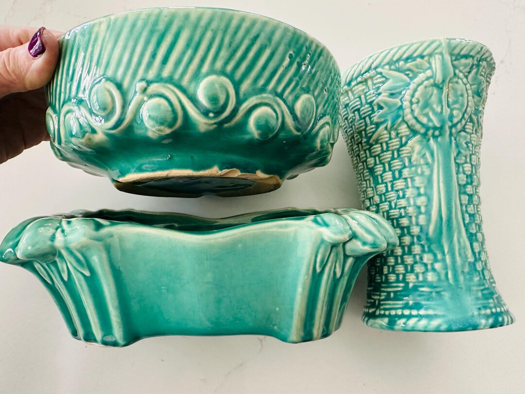 Vintage Mccoy Green Blue Round Bulb Planter Nelson Basket Weave Vase Rectangular Planter - Etsy | Etsy (US)