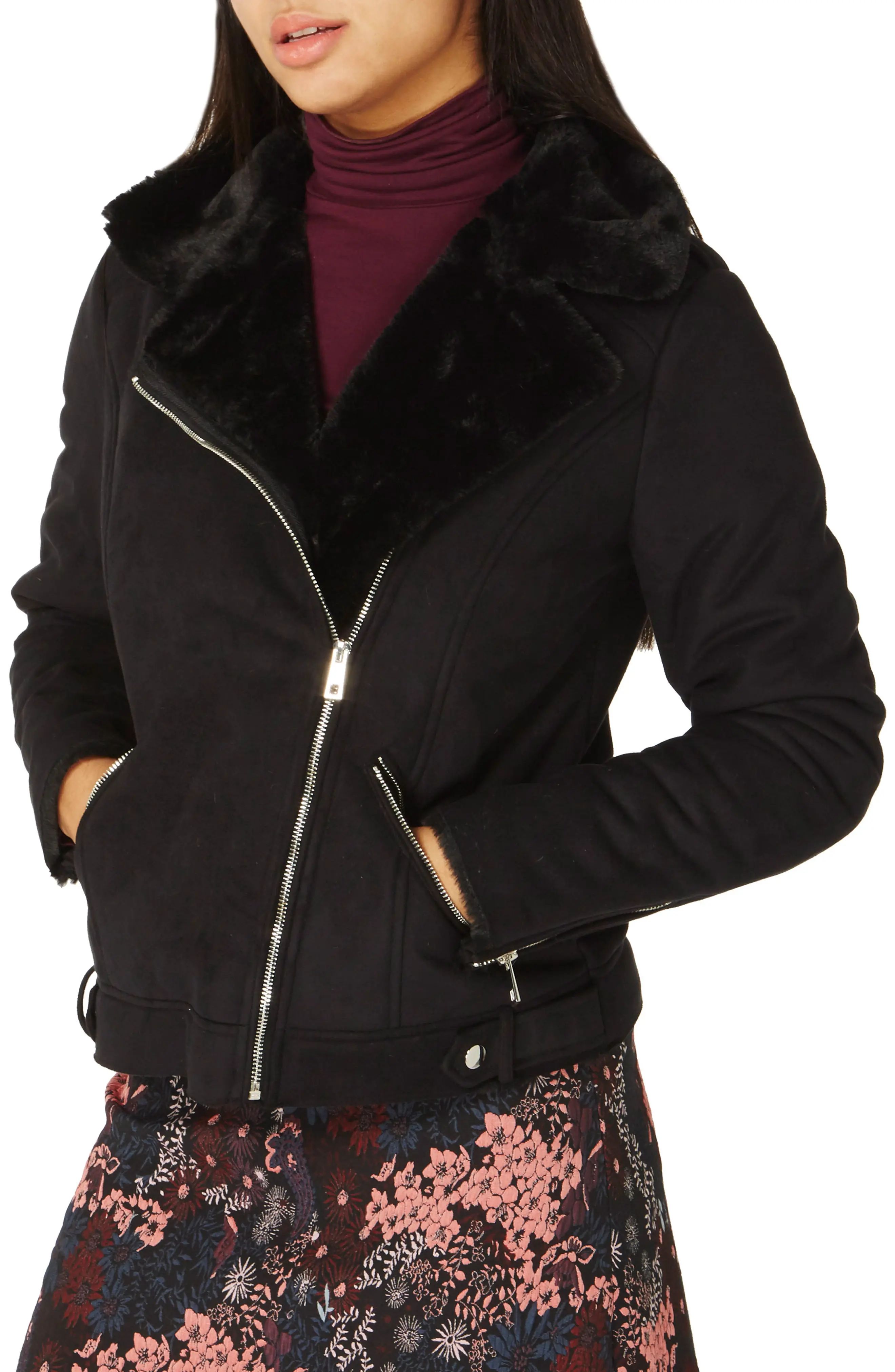 Faux Suede Biker Jacket with Faux Shearling Trim | Nordstrom